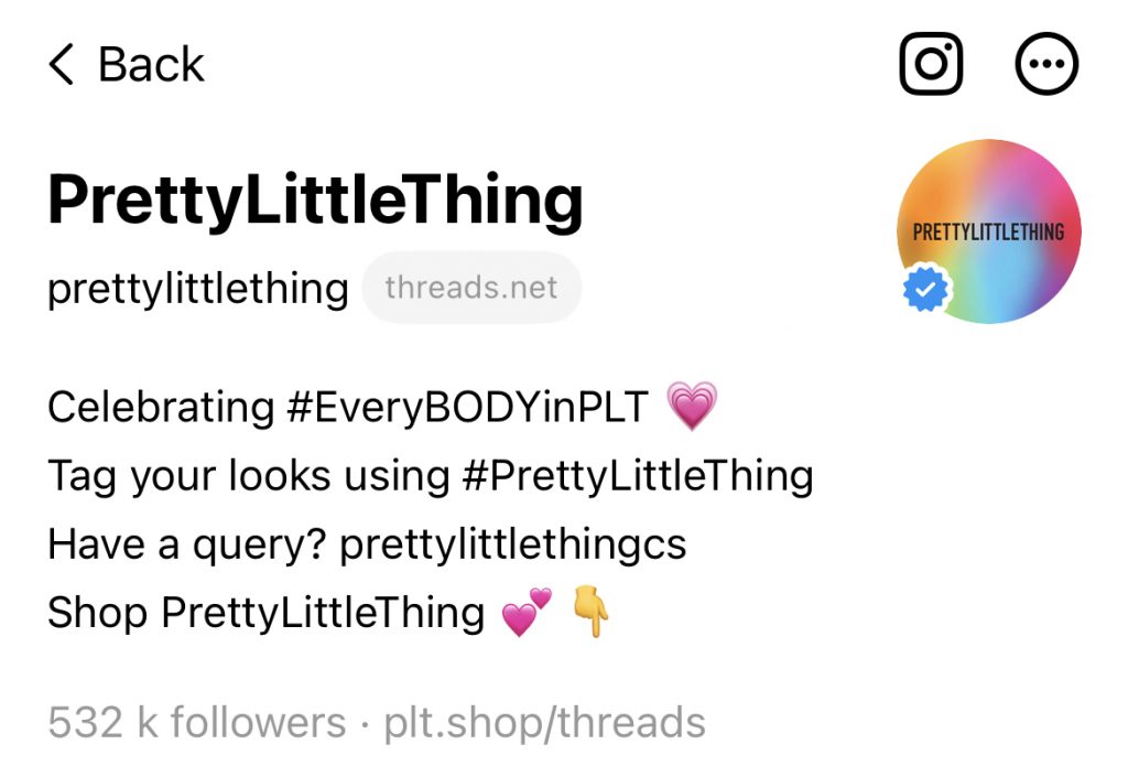 A screenshot of Pretty Little Thing's Threads profile page