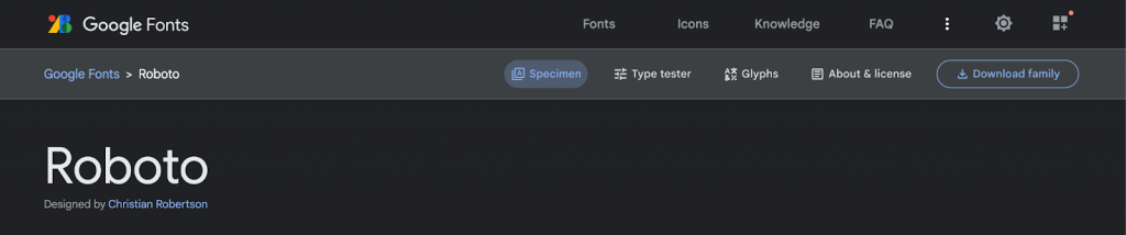 A screenshot of how to download Roboto family font from Google Fonts