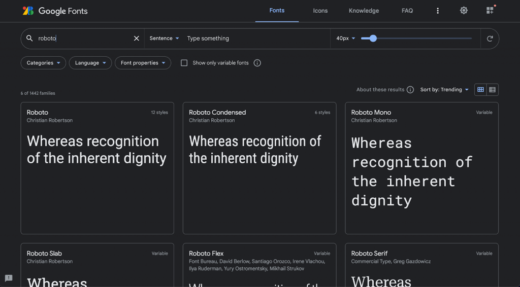 A screenshot of the Roboto family fonts in Google Fonts
