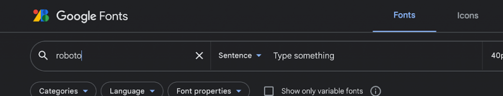 A screenshot of Roboto being searched in Google Fonts