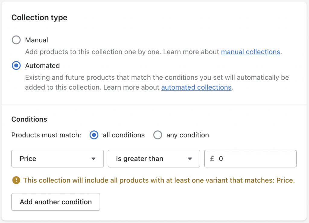 Screenshot of Shopify collection type options