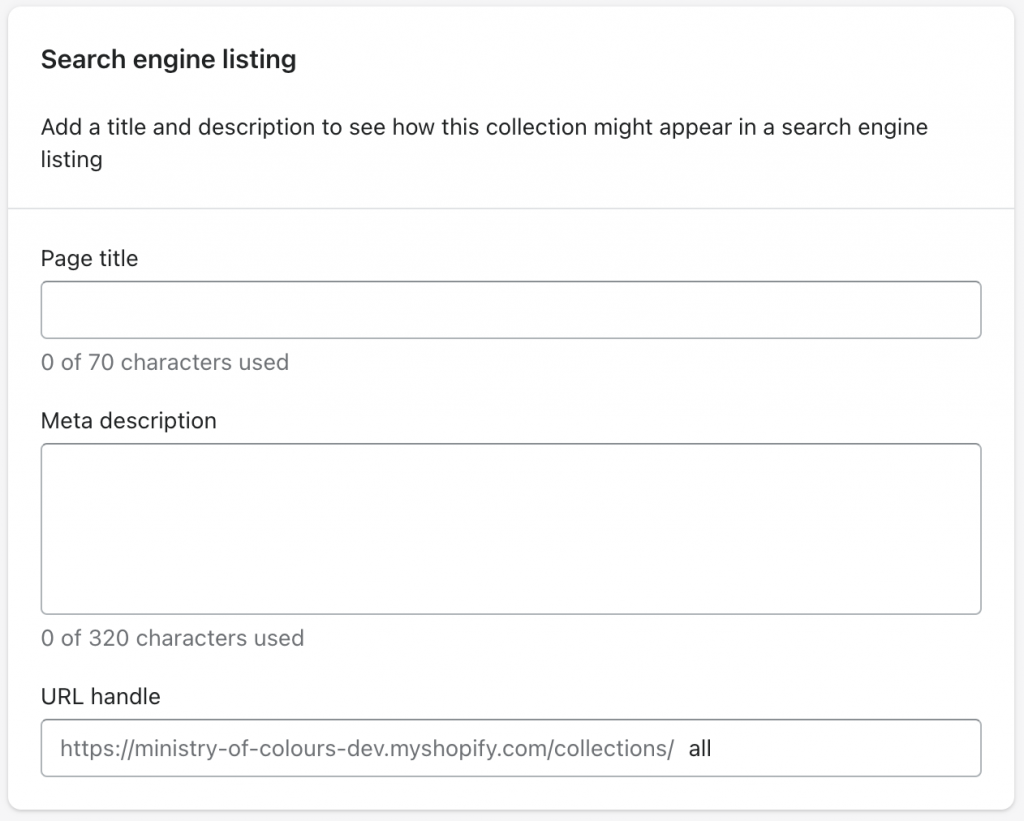 Screenshot of where to input search engine listing information on Shopify