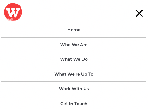 A screenshot from The Wonder Agency's mobile website menu