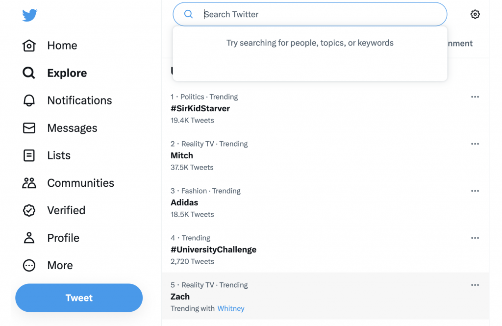 The trending page and search tab on Twitter.com