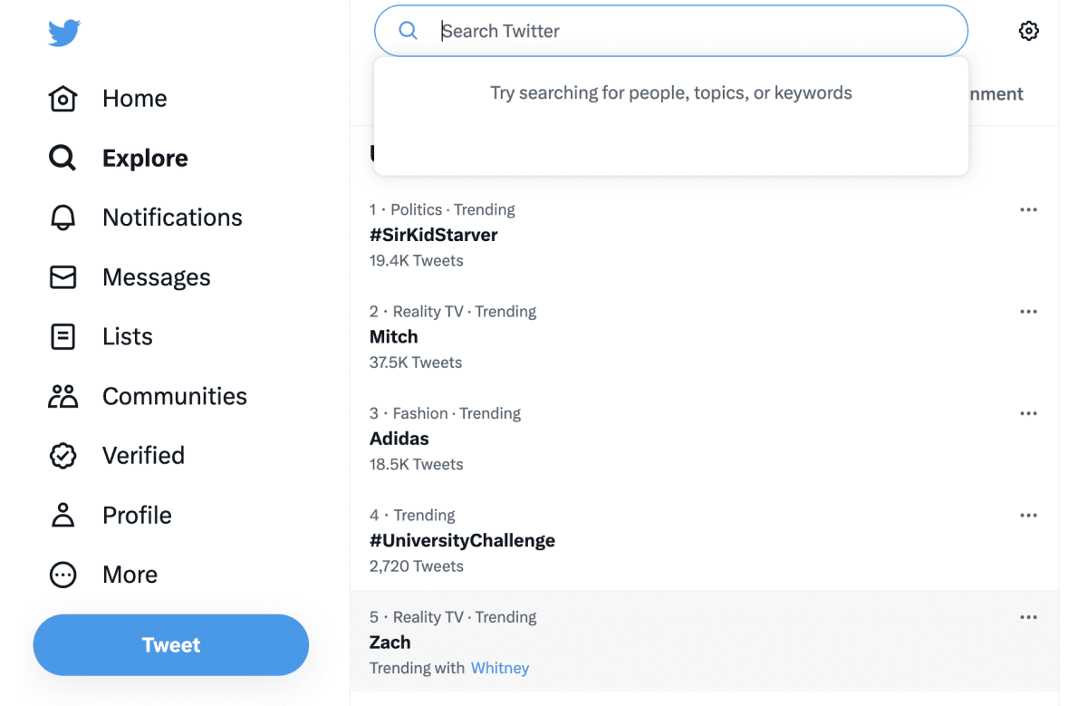 The trending page and search tab on Twitter.com