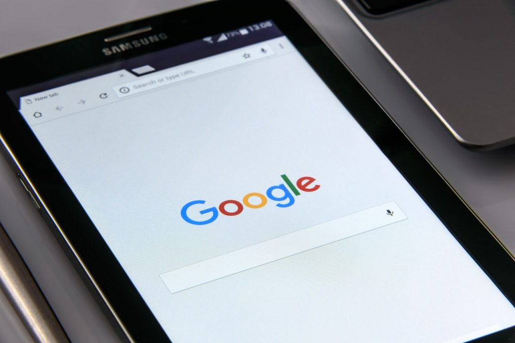 The google search homepage displayed on a Samsung tablet.