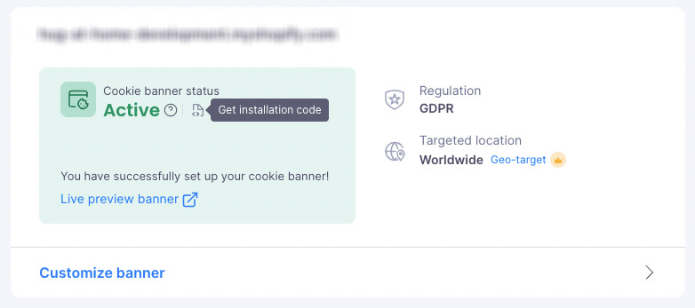 Screenshot of a Cookie banner status live on a Shopify website.