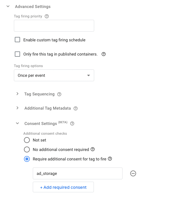 Screenshot showing Advanced Settings options in Google Tag Manager