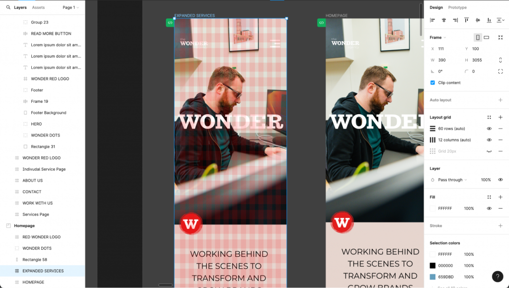 A screenshot of The Wonder Agency website being designed in Figma