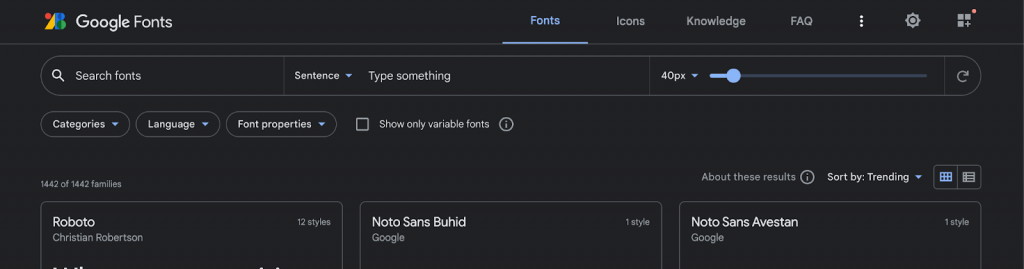 A screenshot of the Google Fonts homepage