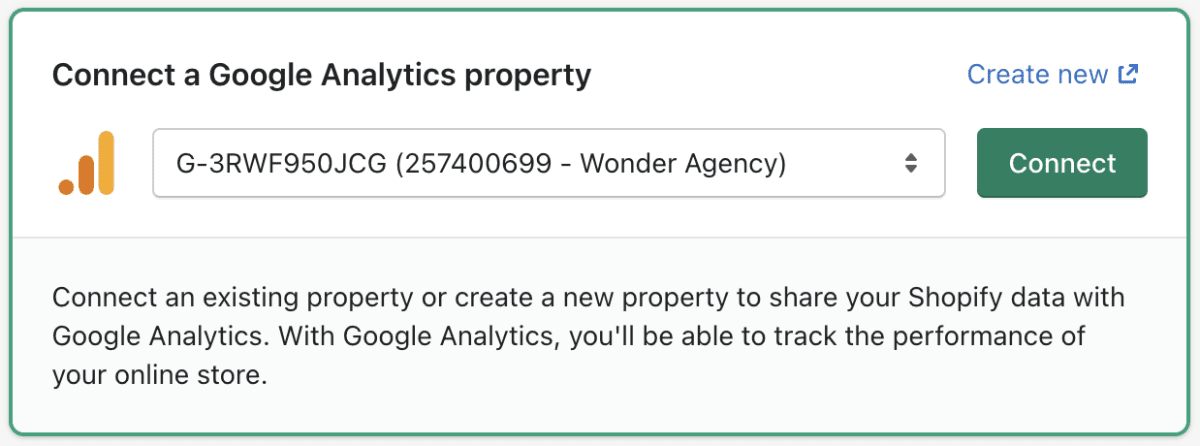 Screenshot of how to connect a GA property to Shopify
