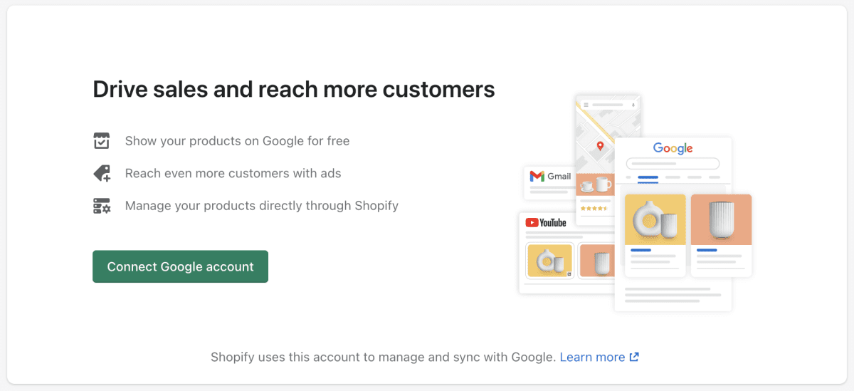 Screenshot of how to connect a Shopify website to the Google & YouTube app