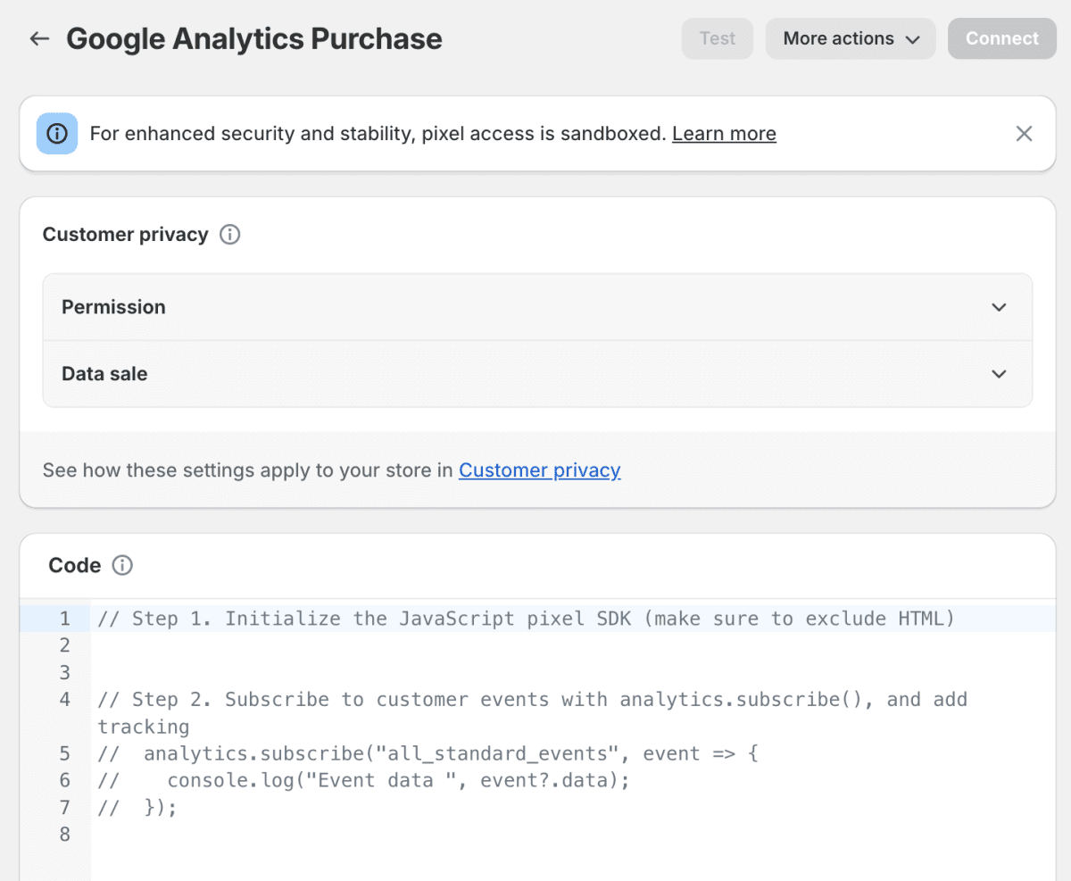 Screenshot of where to add the required code of a custom pixel to a Shopify website