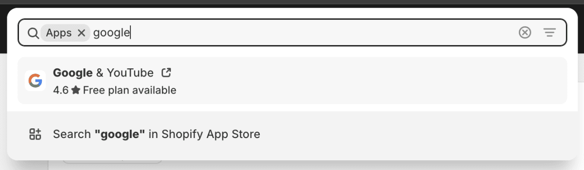 Screenshot of Google & YouTube app in Shopify search bar