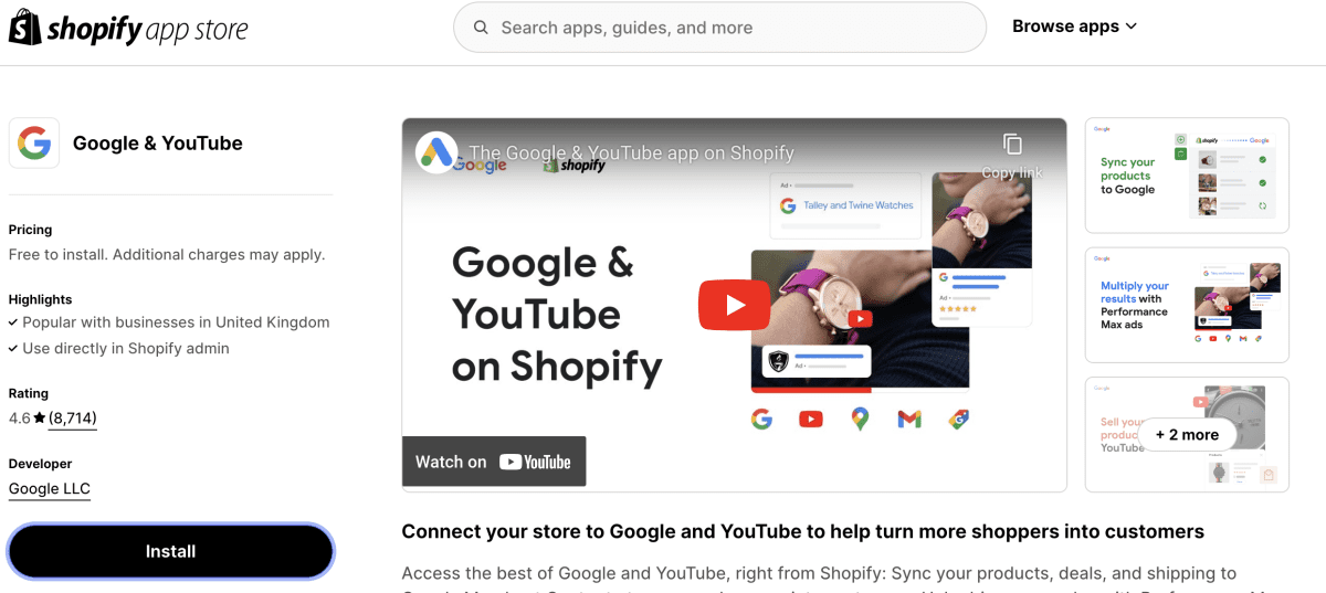 Screenshot of the Google & YouTube app in the Shopify app store