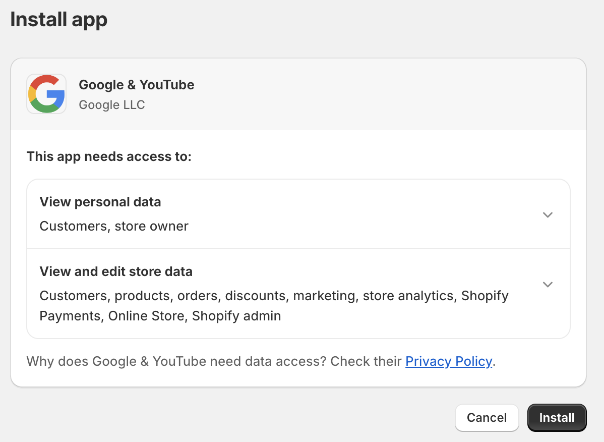 Screenshot of how to install the Google & YouTube app on Shopify