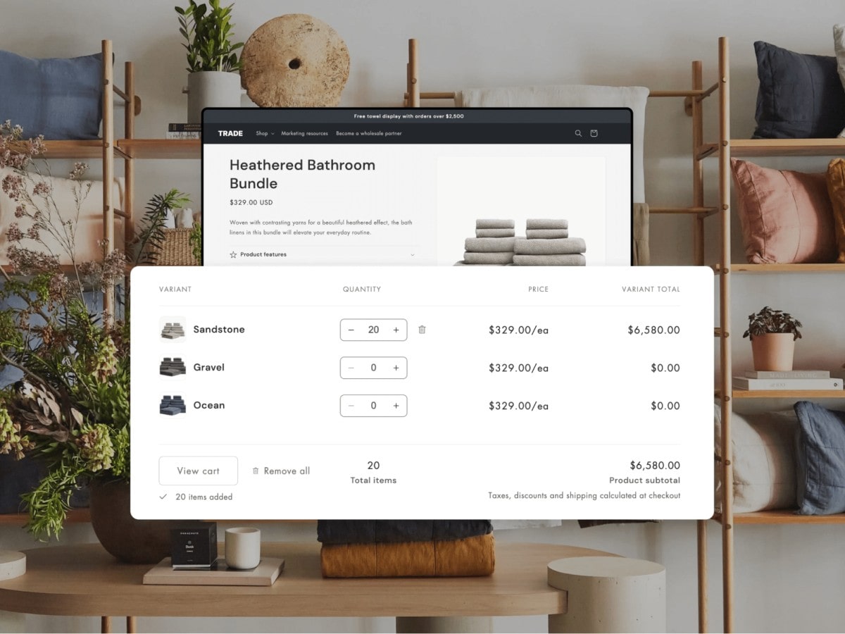 example of bulk ordering on b2b shopify plus website