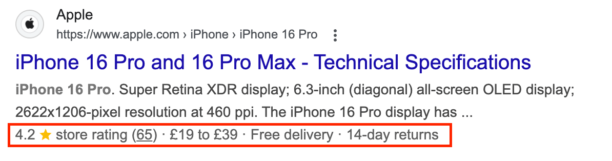 An example of a rich snippet in Google results for an ecommerce product