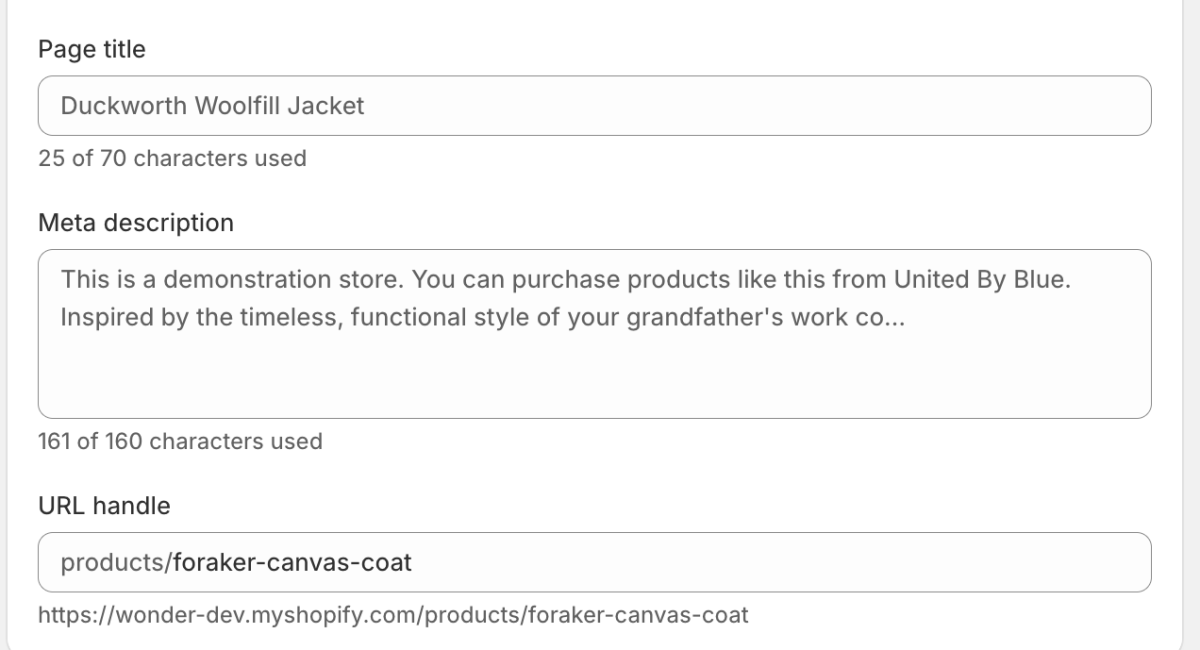 Screenshot of Shopify's meta content fields on product pages