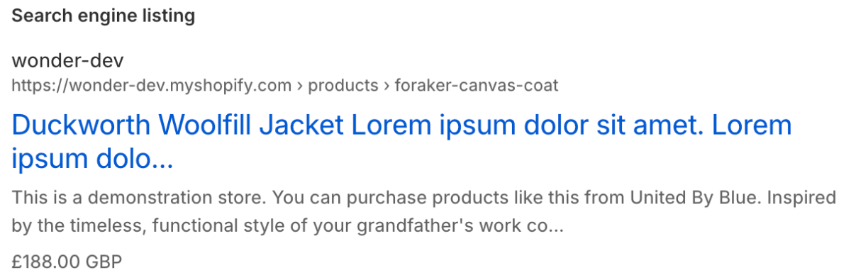 Screenshot of an example of how Shopify displays meta content in Google