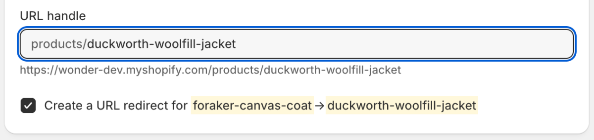 An example of Shopify creating an automatic URL redirect