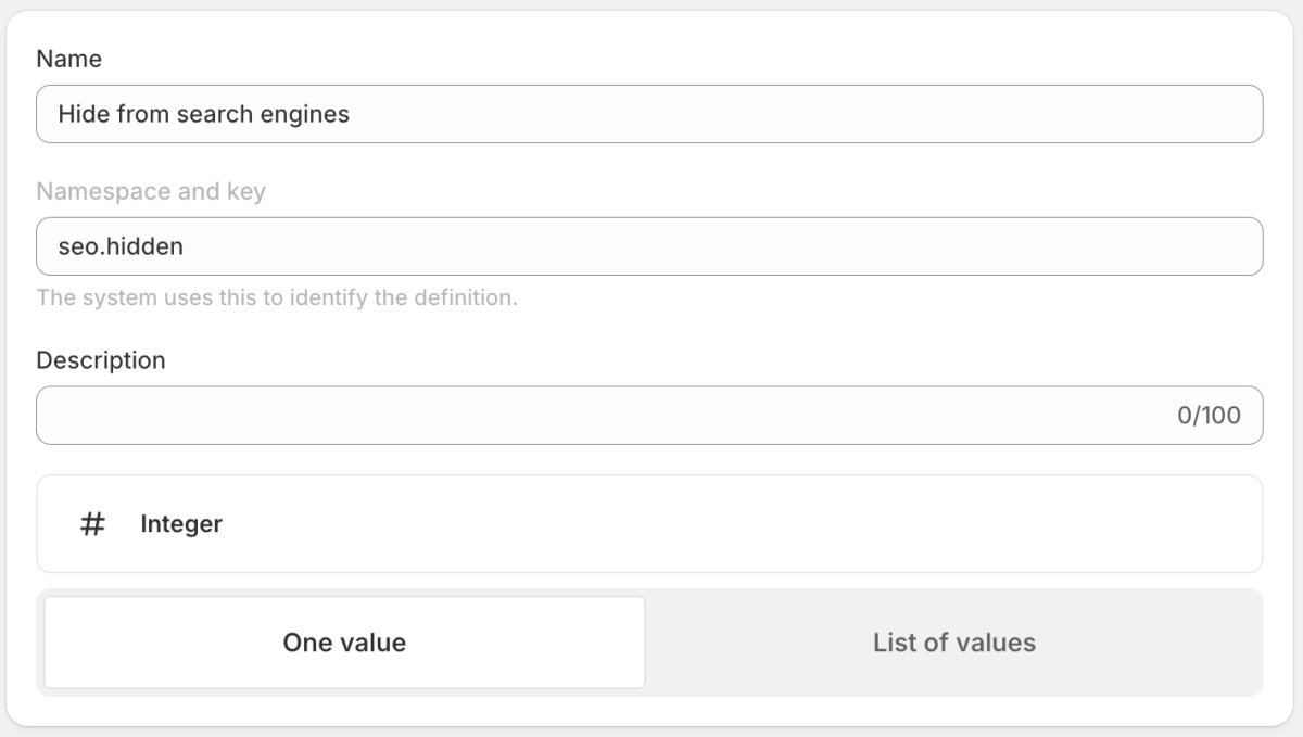 Screenshot of how to add a custom metafield in Shopify to remove items from the XML sitemap