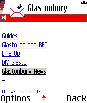 Screenshot of the BBC Glastonbury WAP website