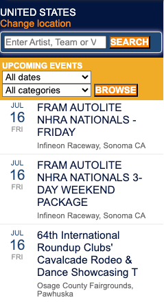 Screenshot of ticketmaster mobile website in 2010