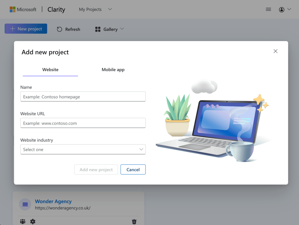 Screenshot of how to add a microsoft clarity project
