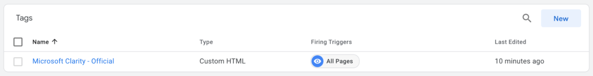 Screenshot of microsoft clarity tracking tag in google tag manager