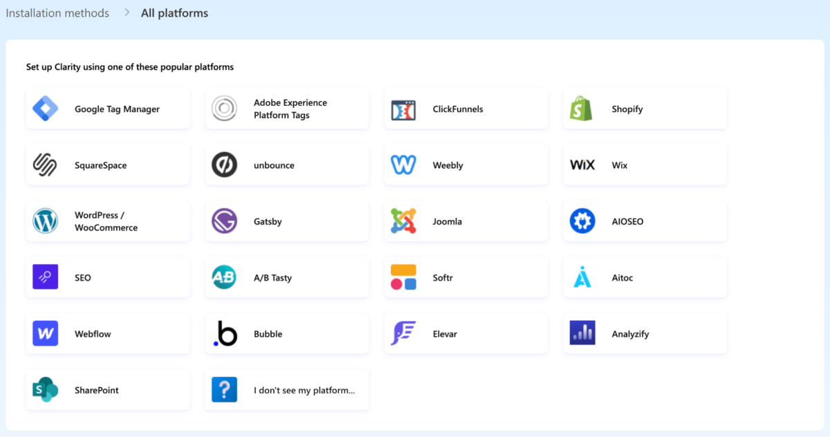 List of platforms that can be used to set up Clarity
