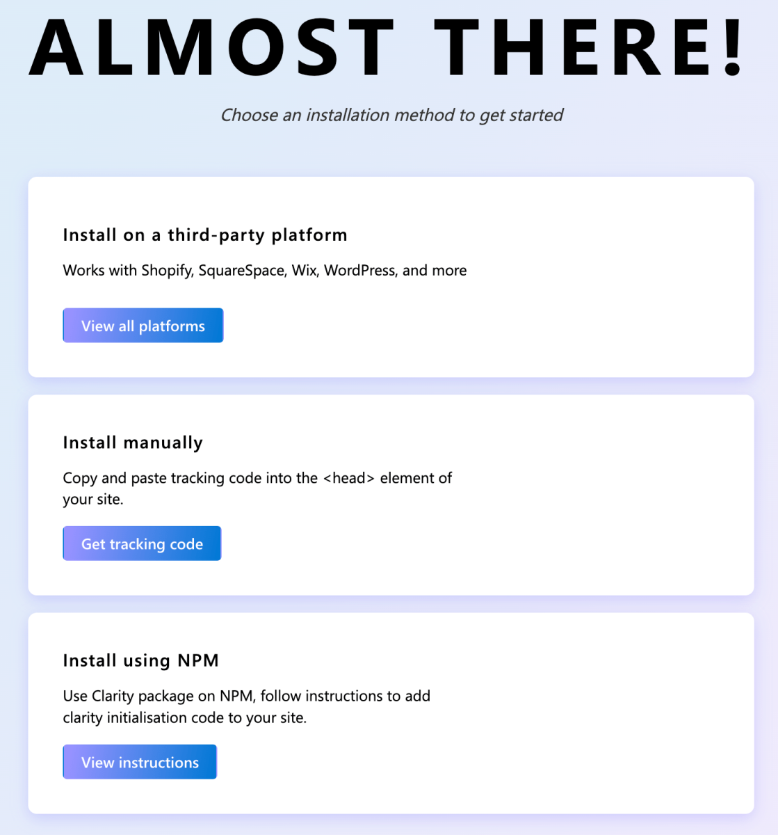 Screenshot of microsoft clarity installation options