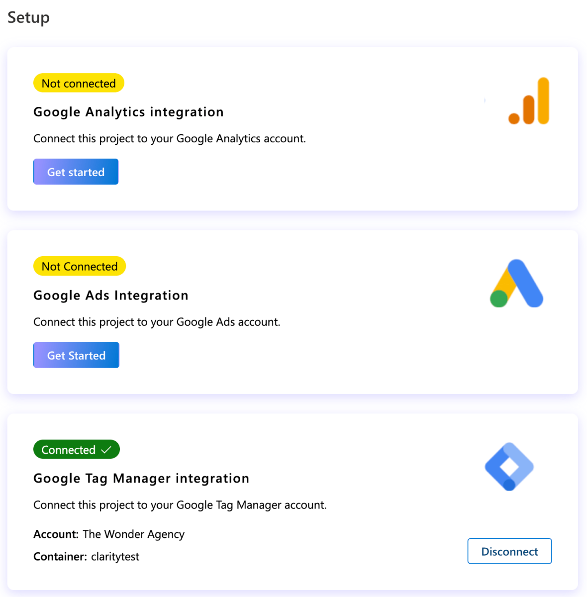 Screenshot of available Microsoft Clarity integrations