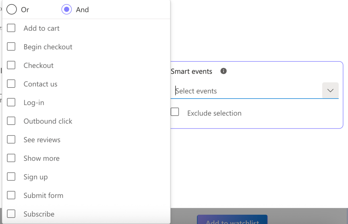 List of smart events available in Microsoft Clarity