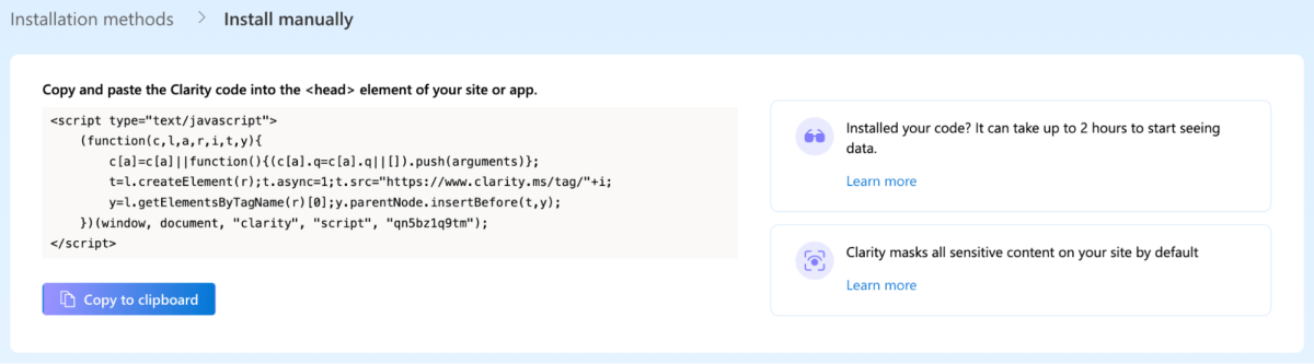 Screenshot of microsoft clarity tracking code