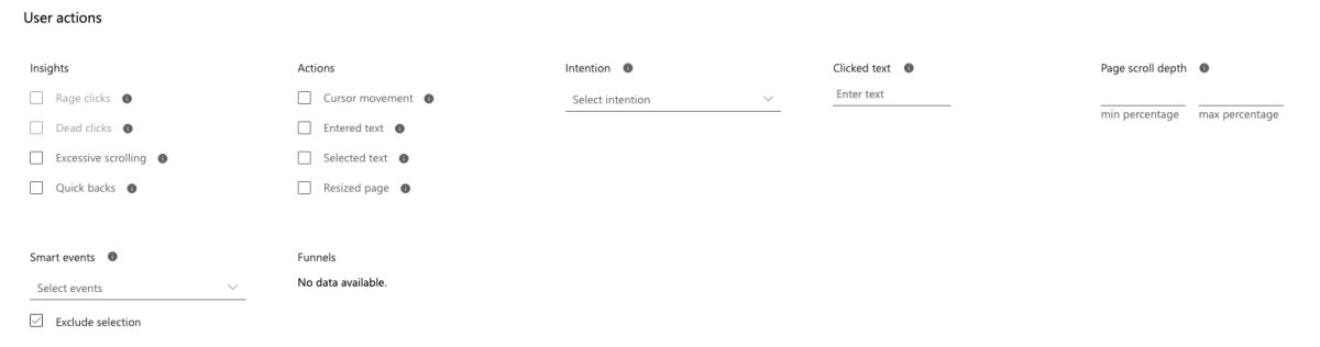 Screenshot of user action filtering options in Microsoft Clarity