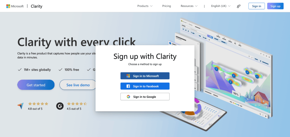 Screenshot of Microsoft Clarity sign up page